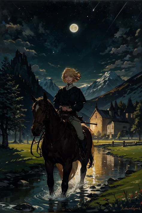 masterpiece, top quality, best quality, official art, oil painting, impressionism, beautiful and aesthetic, 1girl, riding a horse, extreme detailed, short blonde hair, smiling, blue eyes, outside at a green field of grass, mountain stream, night, moon, star sky, romantic <lora:tools/epiNoiseoffset_v2>
