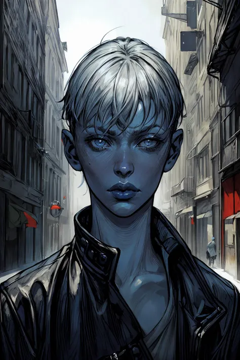 portrait of 1 woman, coat, pale skin, (blue eyes, blue short hair, blue lips), perspective,
( by Enki Bilal)
methurlant
high contrast, sun light
(masterpiece, best quality:1.3),realistic, hyper-realistic photorealistic
<lora:methurlant:1> <lora:add_detail:1> <lora:epiNoiseoffset_v2:1>