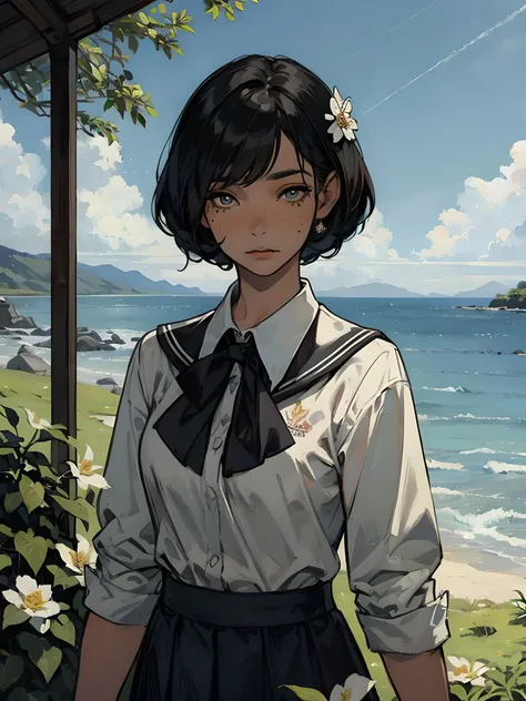 original,extremely delicate and beautiful,((beautiful detailed eyes)),(1girl), black hair, flower, school uniform, looking_at_viewer, mole, (solo),(masterpiece:1.4),(best quality:1.4),((sky)),dappled sunlight, grass, original,extremely delicate and beautiful,beautiful detailed eyes and face,(1girl), black_hair, flower, school uniform, looking_at_viewer, mole, red_flower, (solo),(masterpiece:1.4),(best quality:1.4),sea,((sky)),dappled sunlight,