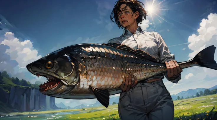 group of people in white shirt and white trousers pointing to a giant catfish,catfish swimg in the sky ,massive fish,sky,clound,meadow,group of fish background,volumetric sunlight,view from below, tilt-shift photography, miniature effect, selective focus, blurred edges, small-scale illusion, playful perspective, <lora:add_detail:1>, (masterpiece), (best quality), ultra high res, (raw photo:1.2), (photorealistic:1.4), Exceptional detail, dramatic lighting, highres, 8k,(crying:1.5),looking down