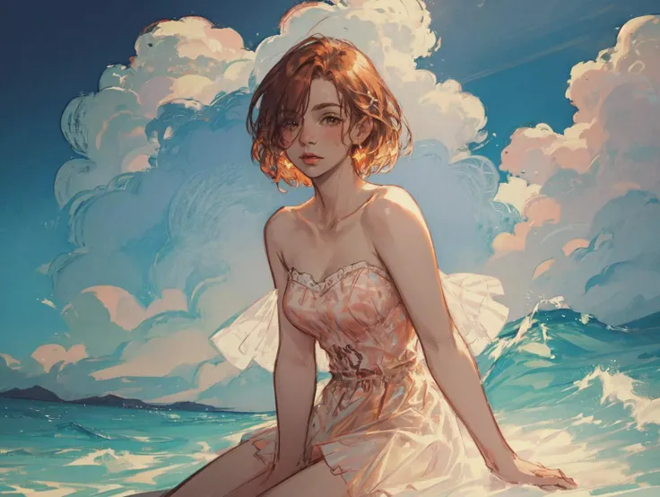 a girl sitting on cloud,surreal,sky,(cloud:1.3),white cloud in background,detailed face depiction,sea,ocean,wave,strong wind,
<lora:add_detail:1> <lora:SLS:1.1>, official art,finely detail, Depth of field,(((masterpiece))),((extremely detailed CG unity 8k wallpaper)),best quality, high resolution illustration,Amazing,highres,intricate detail,(best illumination, best shadow, an extremely delicate and beautiful),(colorful:1.3),strapless, strapless dress,frilled dress, <lora:LowRA:0.3>,((see through)),red dress,short hair,low key photography, (strong lighting:1.5),sunlight,hard lighting
