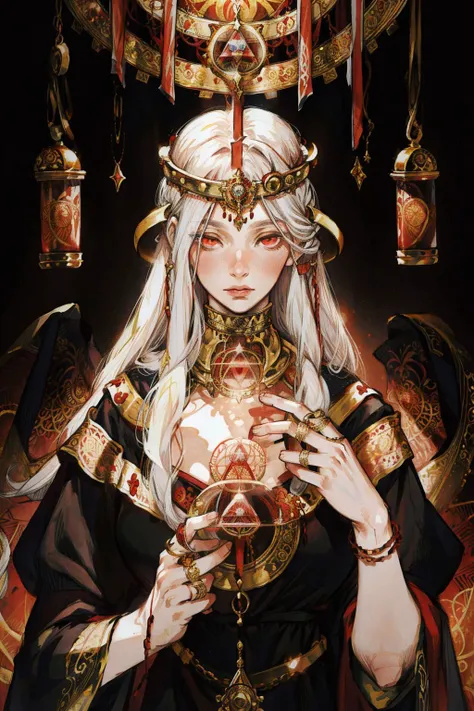 realistic, best quality, masterpiece, ((Hierophant)), ((illustration by Adrian Smith)), long hair, Cleavage, pale skin, glowing red eyes, rings, (hands hanging down), <lora:kuroimori_offset:0.6>, (Sacred Geometry pattern background)