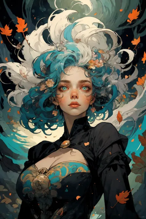masterpiece, best quality, 4k, female, mature woman,glowing eyes,(fair skin),(multiple colored hair),long hair,falling leaves,stones,(colorful),visually stunning,mystical,mystical forrest, beautiful, evocative, emotional,floating flowers,floating eyeballs,upperbody,,abstract,colorful ,<lora:GoodHands-vanilla:1> , <lora:GPTS4 dreamwave full_478773:0.75>