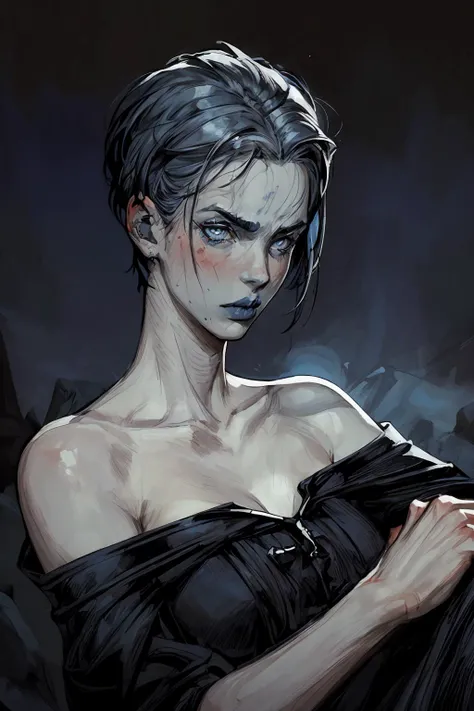 portrait of 1 woman, sad , hopeless (pale skin,blue eyes, blue short hair, blue lips), perspective,
(black off the shoulder dress, bloody hand,)high key lighting
(by Enki Bilal , methurlant)
(masterpiece, best quality:1.3),
<lora:methurlant:1> <lora:add_detail:1>