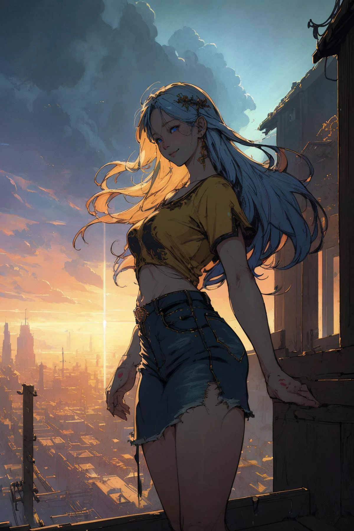a very beautiful anime girl, full body, long golden hair, sky blue eyes, full round face, short smile, mini jeans skirt, cute top, urban setting, highly detailed, trending on Artstation, Unreal Engine 4k, cinematic wallpaper by Stanley Artgerm Lau, (WLOP:0.63), Rossdraws, James Jean, Andrei Riabovitchev, Marc Simonetti, and Sakimichan anime masterpiece, oil on canvas, illustration by Sakimichan, cinematic, pixiv, concept art, contrasting, danbooru, HD, 4K, 8K, high resolution, professional digital art, art, octane render, realistic, awesome details, cinematic lighting, dramatic lighting, realistic, good clear quality, awesome scenery, aesthetic, intricate, photorealism, centered, (good clear image:1.15), epic scene, ray tracing, high contrast, dark tint, masterpiece, awesome, good clear details, good clear eyes, awesome composition, art by Studio Ghibli, dramatic, dramatic epic, highly detailed, highly detailed, trending on artstation trending on artstation, art by