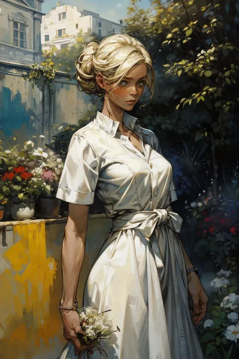 Masterpiece, best quality, 
1 blonde woman,white dress,garden
 (photo by Andre Kohn, Jean-Michel Basquiat)
<lora:add_detail:1>