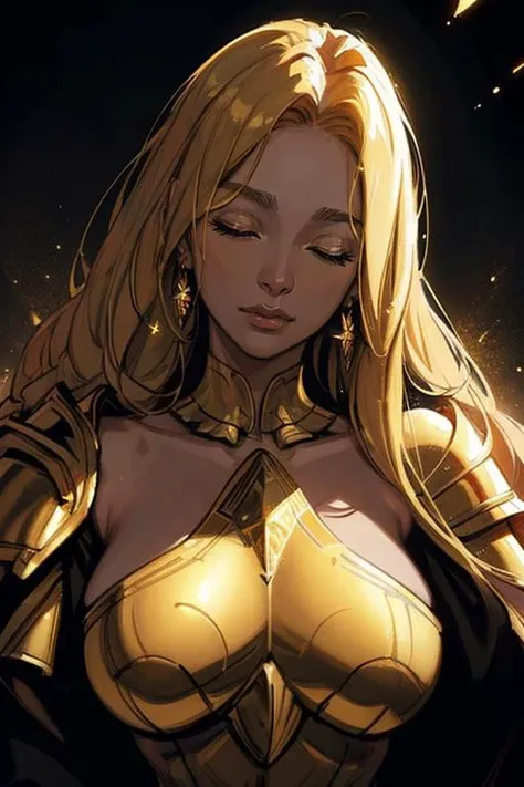 Masterpiece, best quality, (a gorgeous queen with large breasts wearing a golden armor), long blonde hair, closed eyes, dark gold blackground, light particles, portrait, close-up,