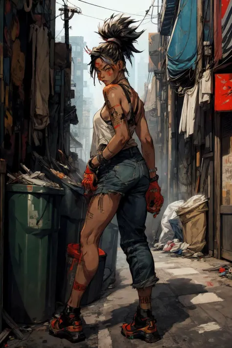 1girl ,asian,  cyberpunk, alley, trashcan, 
 (photo by Amanda Clark , Jean-Michel Basquiat)
<lora:add_detail:1>