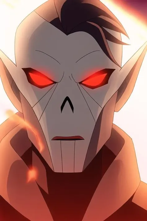 hordak, close-up, embers, fire, flame, glowing, glowing_eyes, evil, gradient_sky, looking_at_viewer, red_eyes, glowing_eyes, cloak,  <lora:hordak_lora:0.6>