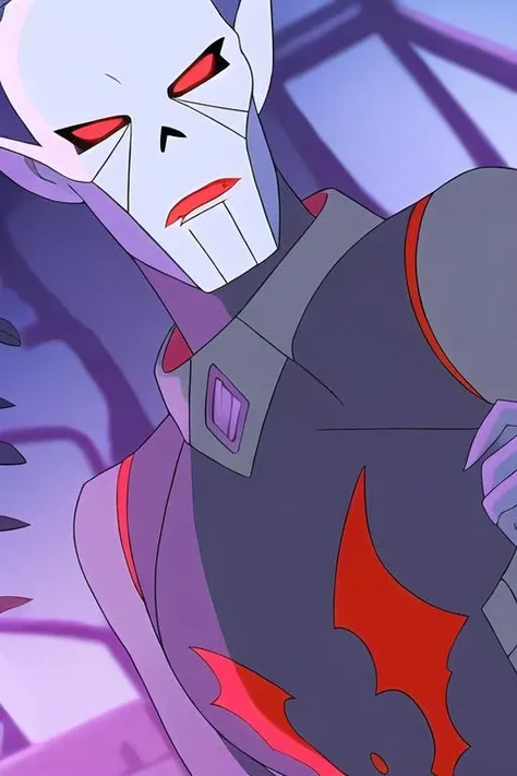 hordak, armor, looking_to_the_side, red_eyes, solo, dutch_angle, sidelighting, purple_background, <lora:hordak_lora:0.7>