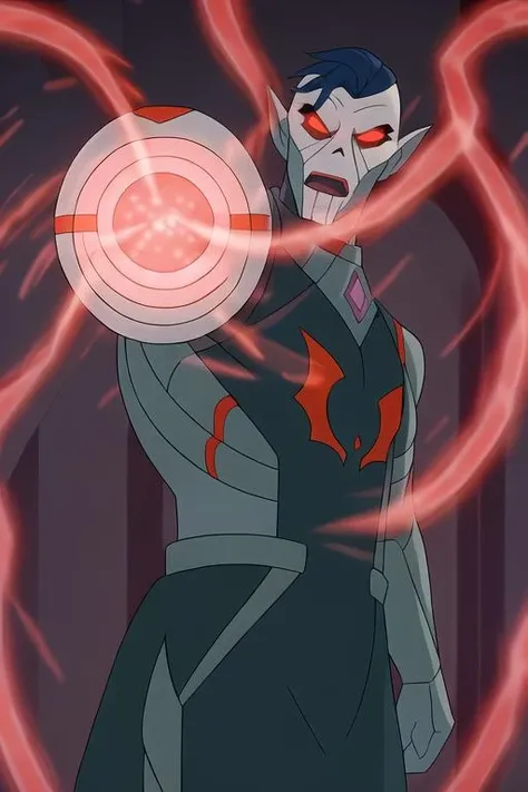 hordak, glowing, glowing_eyes, open_mouth, fangs, looking_at_viewer, foreshortening, red_eyes, solo, energy_gun, firing, armor, <lora:hordak_lora:0.6>