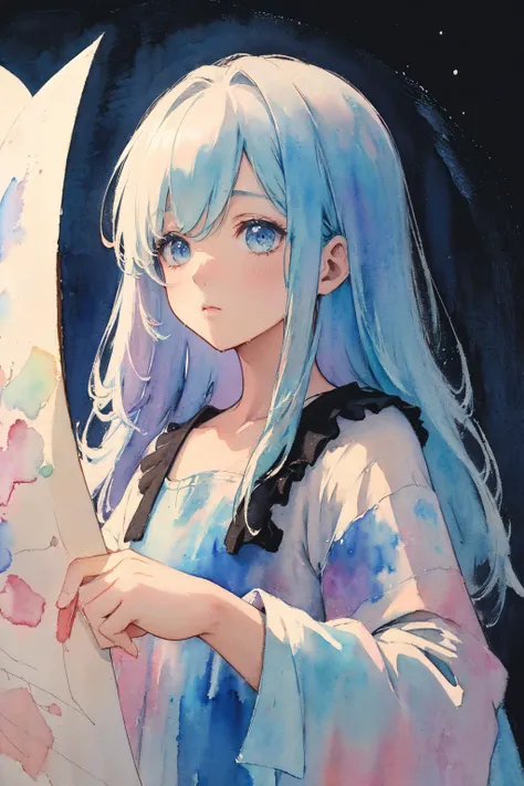 (moist paper,deep watercolor style,comfort,pastel painting illustration,concise,watercolor rendering,natural rendering,pigments mix naturally:1.3),
(black theme,night sky theme,:1.3),(moon:1.3),
<lora:pitch_black_shadow_V2:0.8> girl