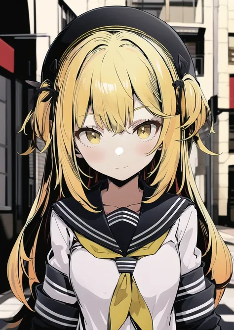 1girl, upper body, yellow hair, school uniform,  street  <lora:pitch_black_shadow:1>