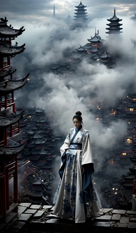(dramatic, gritty, intense:1.4),masterpiece, best quality, 32k, insane details, intricate details, hyperdetailed, hyper quality, high detail, ultra detailed, Masterpiece, elaborate Hanfu(White and blue Hanfu:1.3)(Chinese architecture:1.5)White and blue upper body
1 girls, smokefogA high fashion model, in an elaborate Hanfu designed by Alexander McQueen, stands amidst a bustling metropolis' futuristic architecture. This full body shot for Vogue, captured by Andreas Gursky, melds tradition and modernity
<lora:~Q?-[lIg
:0.9>