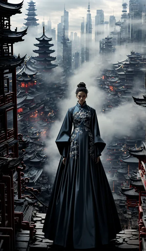 (dramatic, gritty, intense:1.4),masterpiece, best quality, 32k, insane details, intricate details, hyperdetailed, hyper quality, high detail, ultra detailed, Masterpiece, elaborate Hanfu(blue Hanfu:1.3)(Chinese architecture:1.5)blue upper body
1 girls, smokefogA high fashion model, in an elaborate Hanfu designed by Alexander McQueen, stands amidst a bustling metropolis' futuristic architecture. This full body shot for Vogue, captured by Andreas Gursky, melds tradition and modernity
<lora:~Q?-[lIg
:0.9>