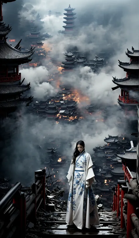 (dramatic, gritty, intense:1.4),masterpiece, best quality, 32k, insane details, intricate details, hyperdetailed, hyper quality, high detail, ultra detailed, Masterpiece, elaborate Hanfu(White and blue Hanfu:1.3)(Chinese architecture:1.5)White and blue upper body
1 girls, smokefogA high fashion model, in an elaborate Hanfu designed by Alexander McQueen, stands amidst a bustling metropolis' futuristic architecture. This full body shot for Vogue, captured by Andreas Gursky, melds tradition and modernity
<lora:~Q?-[lIg
:0.9>