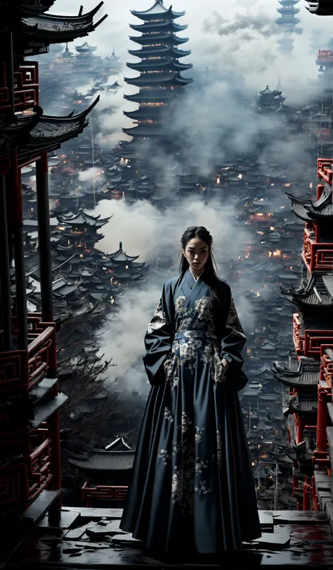 (dramatic, gritty, intense:1.4),masterpiece, best quality, 32k, insane details, intricate details, hyperdetailed, hyper quality, high detail, ultra detailed, Masterpiece, elaborate Hanfu(blue Hanfu:1.3)(Chinese architecture:1.5)blue upper body
1 girls, smokefogA high fashion model, in an elaborate Hanfu designed by Alexander McQueen, stands amidst a bustling metropolis' futuristic architecture. This full body shot for Vogue, captured by Andreas Gursky, melds tradition and modernity
<lora:~Q?-[lIg
:0.9>