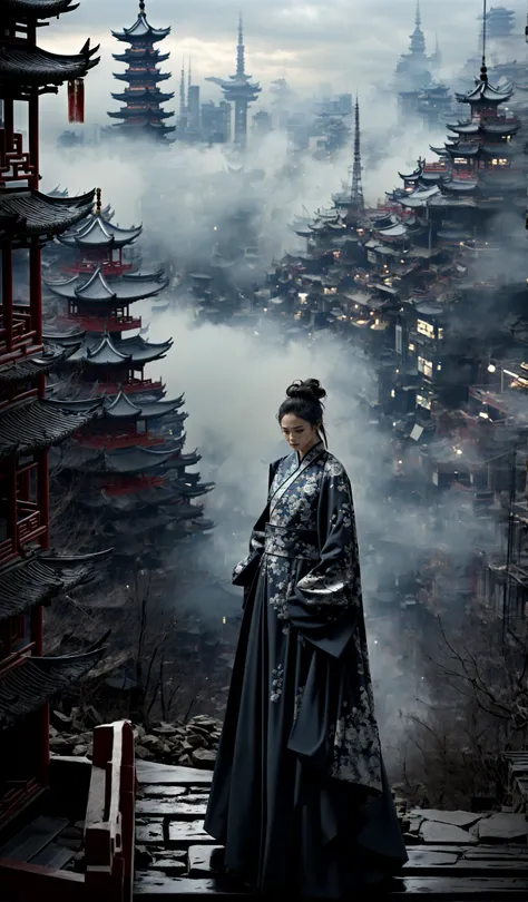 (dramatic, gritty, intense:1.4),masterpiece, best quality, 32k, insane details, intricate details, hyperdetailed, hyper quality, high detail, ultra detailed, Masterpiece, elaborate Hanfu(blue Hanfu:1.3)(Chinese architecture:1.5)blue upper body
1 girls, smokefogA high fashion model, in an elaborate Hanfu designed by Alexander McQueen, stands amidst a bustling metropolis' futuristic architecture. This full body shot for Vogue, captured by Andreas Gursky, melds tradition and modernity
<lora:~Q?-[lIg
:0.9>