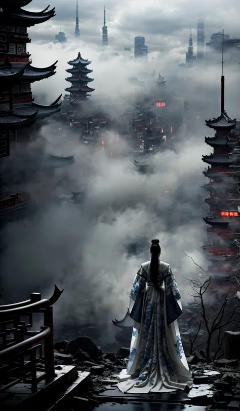 (dramatic, gritty, intense:1.4),masterpiece, best quality, 32k, insane details, intricate details, hyperdetailed, hyper quality, high detail, ultra detailed, Masterpiece, elaborate Hanfu(White and blue Hanfu:1.3)(Chinese architecture:1.5)White and blue upper body
1 girls, smokefogA high fashion model, in an elaborate Hanfu designed by Alexander McQueen, stands amidst a bustling metropolis' futuristic architecture. This full body shot for Vogue, captured by Andreas Gursky, melds tradition and modernity
<lora:~Q?-[lIg
:0.9>