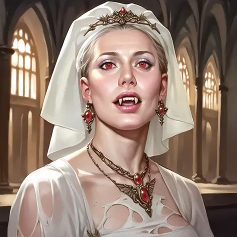 score_9, score_8_up, score_8, (masterpiece, best quality, highly detailed, realistic), fine art, oil painting, portrait of ddel as a vampire bride wearing sheer white dress that is torn and dirty, red eyes,  fangs, pale white skin, gloomy atmosphere, ancient castle interior, dark, chiaroscuro, facing the viewer, very close up
<lora:Desha_Delteil_Pony:.8>