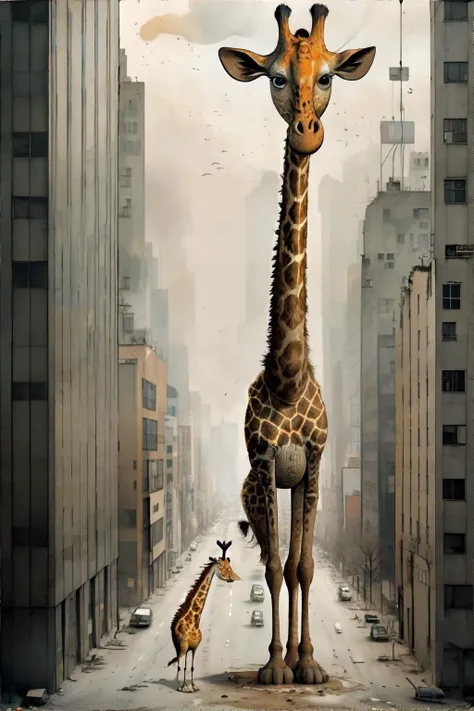 <lora:childrenspicturebook:1.0>, tonghuazhen, no humans, giraffe, abandoned city, <clip:skip:2>, masterpiece, 8k, high resolution, shallow depth of field, sharp focus