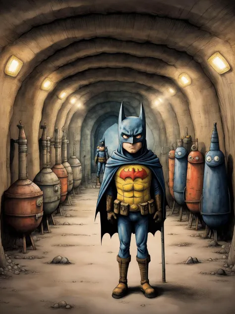 anime artwork <lora:add_detail:0.4> <lora:High Resolution:0.4> <lora:picture book:0.8> tonghuazhen, batman standing in a cave, cape, mask, industrial equipment . anime style, key visual, vibrant, studio anime, highly detailed