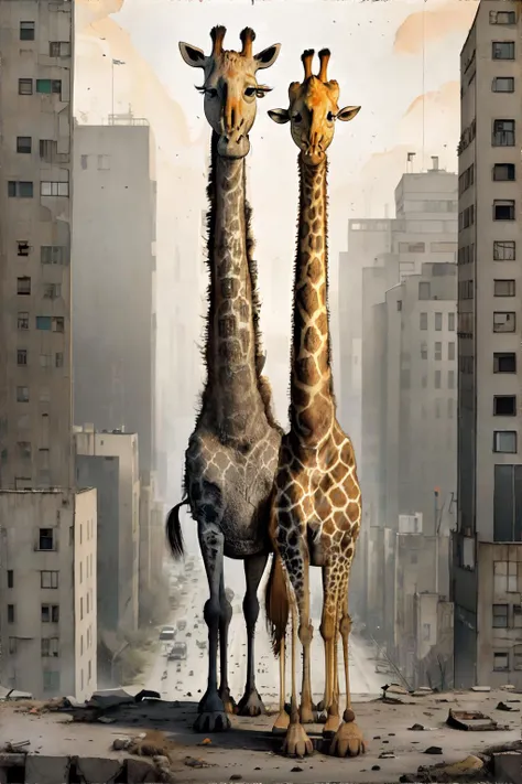 <lora:childrenspicturebook:1.0>, tonghuazhen, no humans, giraffe, abandoned city, <clip:skip:2>, masterpiece, 8k, high resolution, shallow depth of field, sharp focus