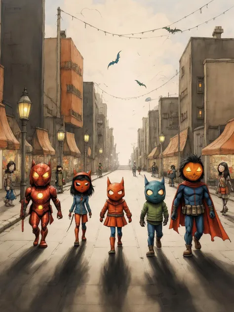 anime artwork <lora:add_detail:0.4> <lora:High Resolution:0.4> <lora:picture book:0.8> tonghuazhen, kids walking down the street on Halloween, all wearing costumes, masks, superheroes, cosplay as "The Avengers", dark, street lights, carved pumpkins . anime style, key visual, vibrant, studio anime, highly detailed