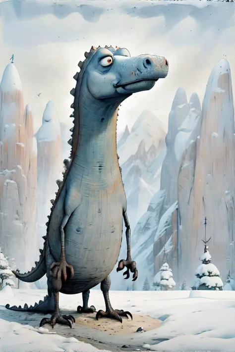 <lora:childrenspicturebook:1.0>, tonghuazhen, dinosaur, no humans, snowy mountains, <clip:skip:2>, masterpiece, 8k, high resolution, shallow depth of field, sharp focus