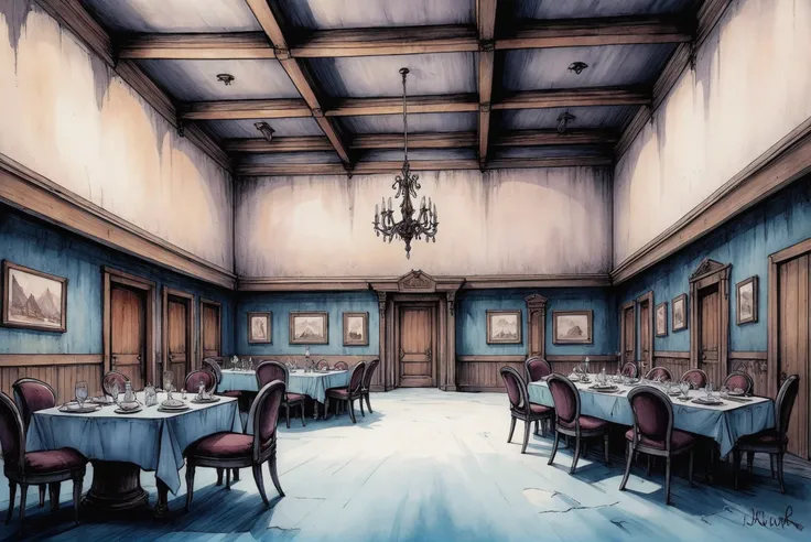 detailed dark watercolor sketch, Banquet Hall \(room\) in a quaint fantasy settlement in a Polar Ice Deposits<lora:EnvyStarlightDarkSketch01:1.25>