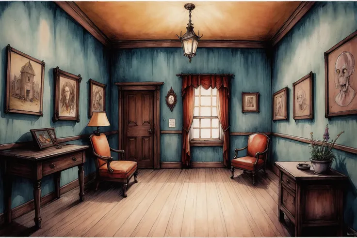 detailed dark watercolor sketch, Minstrel's Gallery \(room\) <lora:EnvyStarlightDarkSketch01:1.25>