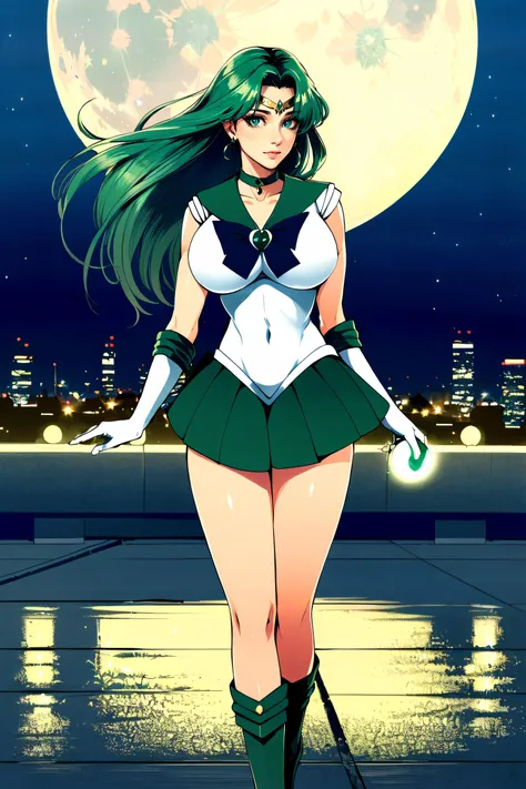 (masterpiece, best quality, ultra detailed, absurdres)1.5, 1girl, (sexy, beautiful woman, perfect face, perfect eyes, perfect female body, huge breasts)1.5, (MichiruKaiou ,(sailor neptune, white elbow gloves, neck ribbon, circlet, jewelry), dress, skirt, green ankle boots, long hair, green hair, parted bangs, holding hand mirror, <lora:MichiruKaiou:0.8>), (standing, rooftop, Japanese city in background, night sky, moonlit), perfect lighting, smooth, hdr