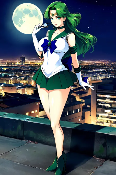 (masterpiece, best quality, ultra detailed, absurdres)1.5, 1girl, (sexy, beautiful woman, perfect face, perfect eyes, perfect female body, huge breasts)1.5, (MichiruKaiou ,(sailor neptune, white elbow gloves, neck ribbon, circlet, jewelry), dress, skirt, green ankle boots, long hair, green hair, parted bangs, holding hand mirror, <lora:MichiruKaiou:0.8>), (standing, rooftop, Japanese city in background, night sky, moonlit), perfect lighting, smooth, hdr
