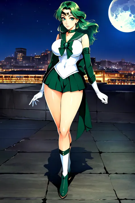 (masterpiece, best quality, ultra detailed, absurdres)1.5, 1girl, (sexy, beautiful woman, perfect face, perfect eyes, perfect female body, huge breasts)1.5, (MichiruKaiou ,(sailor neptune, elbow gloves, neck ribbon, circlet, jewelry), dress, skirt, green ankle boots, <lora:MichiruKaiou:0.8>), (standing, rooftop, Japanese city in background, night sky, moonlit), perfect lighting, smooth, hdr