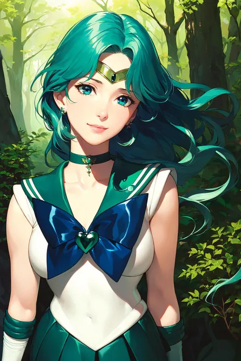 (solo, 1girl), (absurdres, highres, official wallpaper, poster), (masterpiece, best quality:1.2), (illustration, realistic), (perfect details, highest detailed, extreme detailed), dramatic light, <lora:MichiruKaiou:1>, MichiruKaiou ,(sailor neptune, elbow gloves, neck ribbon, circlet, jewelry), (dress, skirt), (forest, outdoors, sunlight, smile)