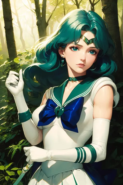 (solo, 1girl), (absurdres, highres, official wallpaper, poster), (masterpiece, best quality:1.2), (illustration, realistic), (perfect details, highest detailed, extreme detailed), dramatic light, <lora:MichiruKaiou:1>, MichiruKaiou ,(sailor neptune, elbow gloves, neck ribbon, circlet, jewelry), (dress, skirt), (forest, outdoors, sunlight)