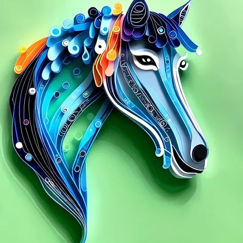 paperart, watermark, blue background, simple background, black eyes, aqua background,horse face,<lora:paperart:1>