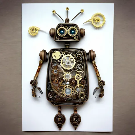 paperart, solo, simple background, fork, white background, <lora:paperart:1>, steampunk robot happy Funny cartoonish, by Gediminas Pranckevicius