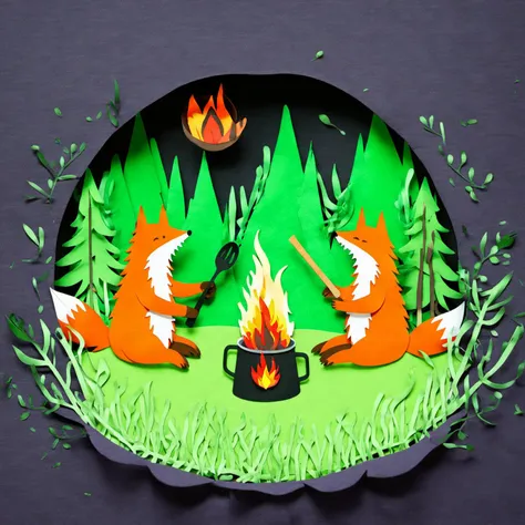 paperart, holding,sitting,tree,cup,leaf,grass,fire,holding cup,green background,flame,fox,holding stick,campfire,<lora:paperart:1>
