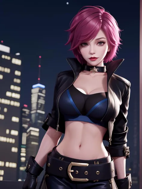 <lora:wzryAKEzhimingfenghua_20230727144110:0.75>,1girl,mature female, cityscape, night, looking at viewer, short hair, belt,gloves,black jacket,open clothes, short sleeves,black pants,brown belt,pink hair,leather, choker,dark blue bra,