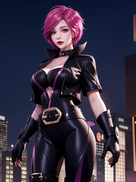 <lora:wzryAKEzhimingfenghua_20230727144110:0.75>,1girl,mature female, cityscape, night, looking at viewer, short hair, belt,gloves,black jacket,open clothes, short sleeves,black pants,brown belt,pink hair,leather, choker,dark blue bra,