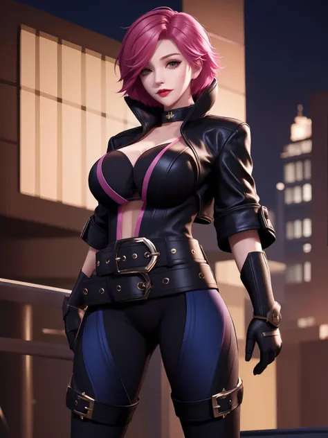 <lora:wzryAKEzhimingfenghua_20230727144110:0.75>,1girl,mature female, cityscape, night, looking at viewer, short hair, belt,gloves,black jacket,open clothes, short sleeves,black pants,brown belt,pink hair,leather, choker,dark blue bra,