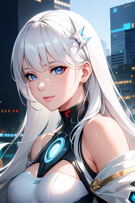 (masterpiece, finely detailed beautiful eyes: 1.2), white hair, open clothes,off shoulder, volumetric lighting, cyberpunk, futuristic, light smile, detailed, realism, good anatomy, beautiful lighting, photorealistic, realistic shadows, realistic lighting, raytracing,god ray, rule of thirds, (illustration:1.1), beautiful face, highly detailed face, ultra realistic, colorful, side view,simple background, lens 135mm,f1.8,close-up
