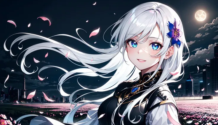 masterpiece, best quality, 1girl, (colorful),(finely detailed beautiful eyes and detailed face),cinematic lighting,bust shot,extremely detailed CG unity 8k wallpaper,white hair,solo,smile,intricate skirt,((flying petal)),(Flowery meadow) sky, cloudy_sky, building, moonlight, moon, night, (dark theme:1.3), light, fantasy,