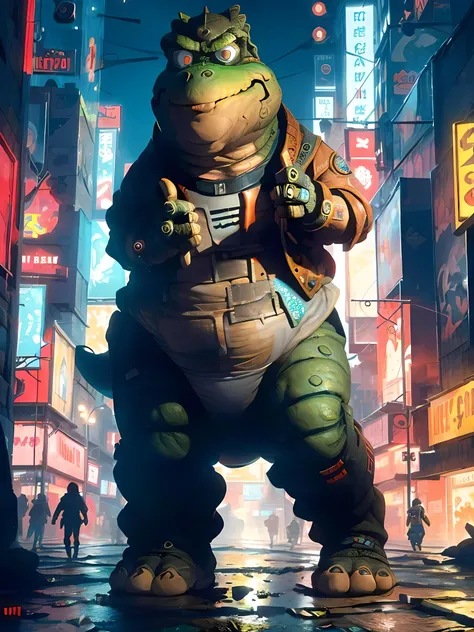 <lora:[P]_SS_1:1>, SS, solo, standing, (Silva Sauro is a Fat Megalosaurus with long dinosaur tail and green scale skin, hands with 4 digits, feet with 3 fingers), ((he is wearing a cyberpunk red leather hi-tech jacket with cyber details))
((standing in the middle of a busy street of night city, neon, neons, led, neons signs, cyberpunk 2077, neon city, cyberpunk art, neogeo))
neon lights, night sky, futuristic, cybernetic