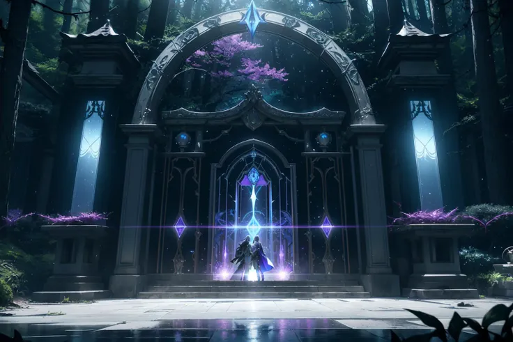 rcnz_hqr_v1, rcnz_hqr_v2, rcnz_hqr_v3, (Digital Artwork:1.3) of (Sketched:1.1) octane render of a mysterious dense forest with a large (magical:1.2) gate (portal:1.3) to the eternal kingdom, blade runner, intricate (vine:1.2), massive tree in liquid metal, realistic digital painting portrait, shot at 8k resolution, petrol liquid, pastel color, splash art, blue and purple magic universe, light engrave in intricate details, (light particle:1.2), (game concept:1.3), (depth of field:1.3), global illumination,Highly Detailed,Trending on ArtStation