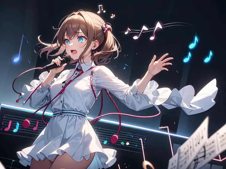 best quality, masterpiece, girl singing, ((glowing music notes flying through the air))