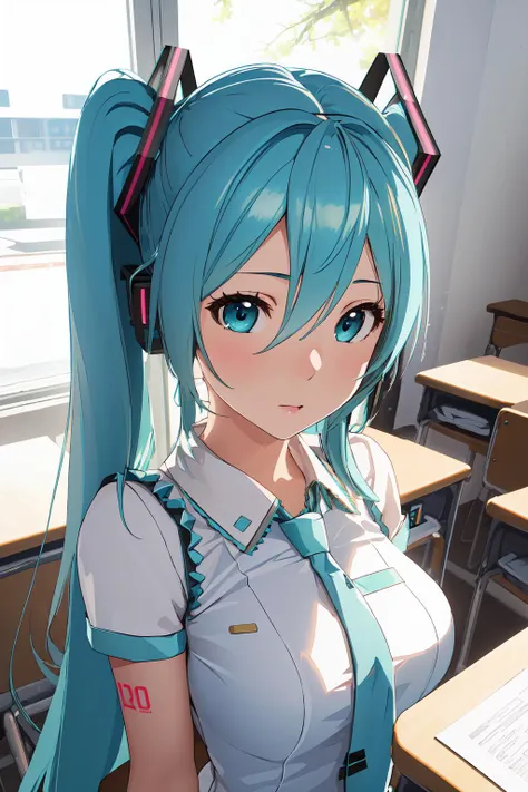 (best quality:1.4), highres, masterpiece, ultra detailed, realistic, 1girl, (hatsune miku:1.1), medium breasts, classroom, detailed face, 3d face, (portrait:1.0)