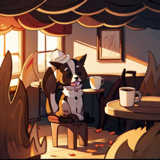 best quality, masterpiece digital art of a (dog on a chair), sitting at a table, coffee cup on the table, room is on fire