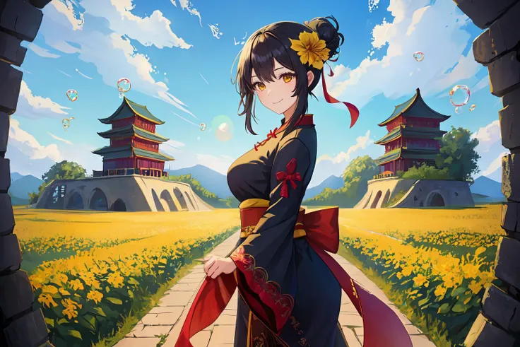 1girl, solo, masterpiece, best quality, extremly detailed,cinematic lighting, finely detailed beautiful face and eyes, 8k, dark intense shadows, yellow flowerfield, vines, [ruins], stone structures, black hair, cowboy shot, oriental structures, Style-Petal,  black hair, updo, black top, red under, cloud, lens flare, ((bubbles)), looking at viewer, chinese structures, (chinese castle), flowers hair ornament, korean clothes, golden embroidery, smile,[ curvy], single braid, medium hair, [wide shot], standing, covered breasts ,ruins, blue sky